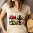 thumbnail image 4 of Jesus is the Reason Graphic T-Shirt with Plaid Cross Design, Gold, Size S, 4 of 6