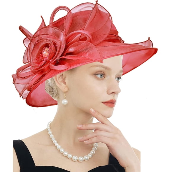 RZTA Sombrero de vestir de iglesia Kentucky Derby para mujer, ala ancha, flor de hoja, sombrero de despedida de soltera