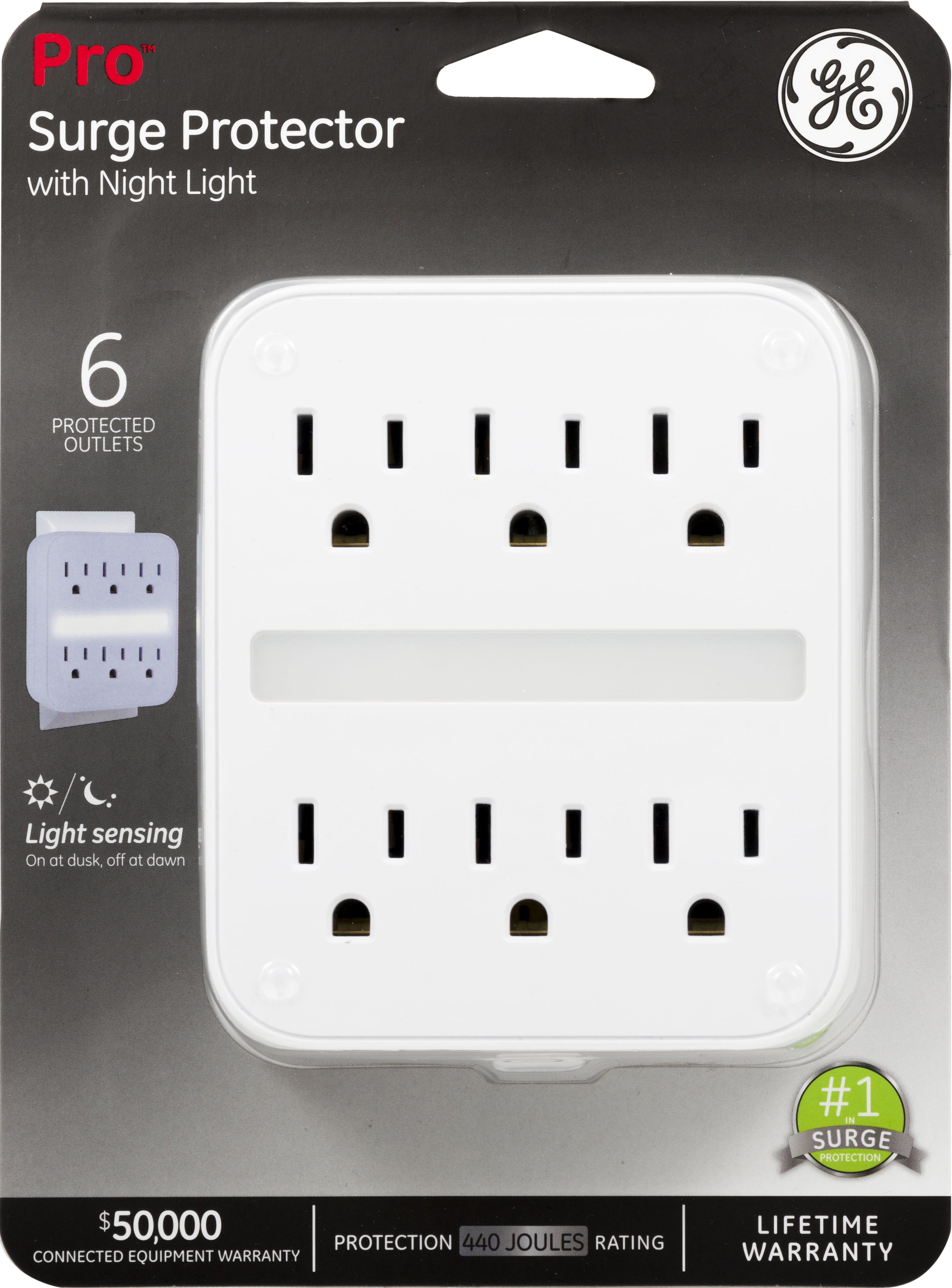 GE 6-Outlet Grounded Tap with LED Night Light, 440J, Light Sensing