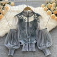 thumbnail image 3 of Women Cottagecore 3D Flower Blouse Bell Long Sleeve Sheer Lace Tops Lace Neckline Buckle Shirts, 3 of 7