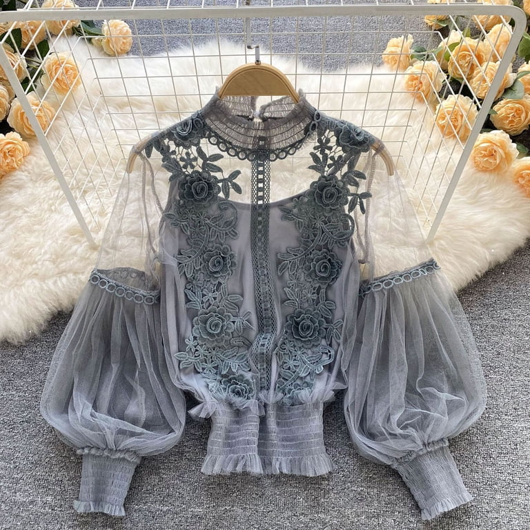 Vrouwen Vintage Victoriaanse Shirts Trompet Mouw Tops Hoge Hals Frilly Ruches Button Down Shirt Blouse Womens Casual V-hals Lange Mouw Losse Blouses Tops Button-Down Shirts Mouw Ruche Blouse Blouse