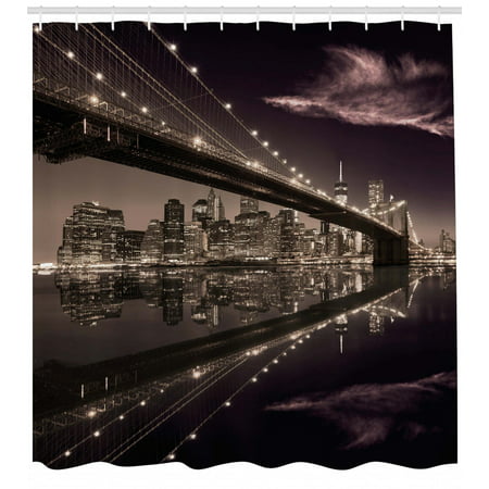 Landscape Shower Curtain, Brooklyn Bridge Sunset NYC View Skyline Tourist Attraction Modern City, Fabric Bathroom Set with Hooks, Pale Brown Dried Rose, by