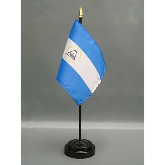 Made in The USA. 2 Nicaragua Rayon 4"x6" Miniature Office Desk & Little Hand Waving Table Flags Includes 2 Flag Stands & 2 Small Mini Nicaraguan Stick Flags, Also Includes Nicaragua Flag Lapel Pin.