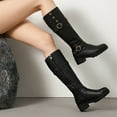 thumbnail image 2 of Rokment Platform Knee High Motorcycle Riding Boots for Women Vintage Fashion Studded Buckles Leather Chunky Mid Heel Wide Calf Long Tall Dress Combat Boots Black Size 6.5, 2 of 9