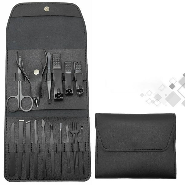 Set de cortaúñas de acero inoxidable | Kit de manicura de 16 piezas con estuche de cuero | Herramientas portátiles para el cuidado de las uñas, ideales para viajes y el hogar