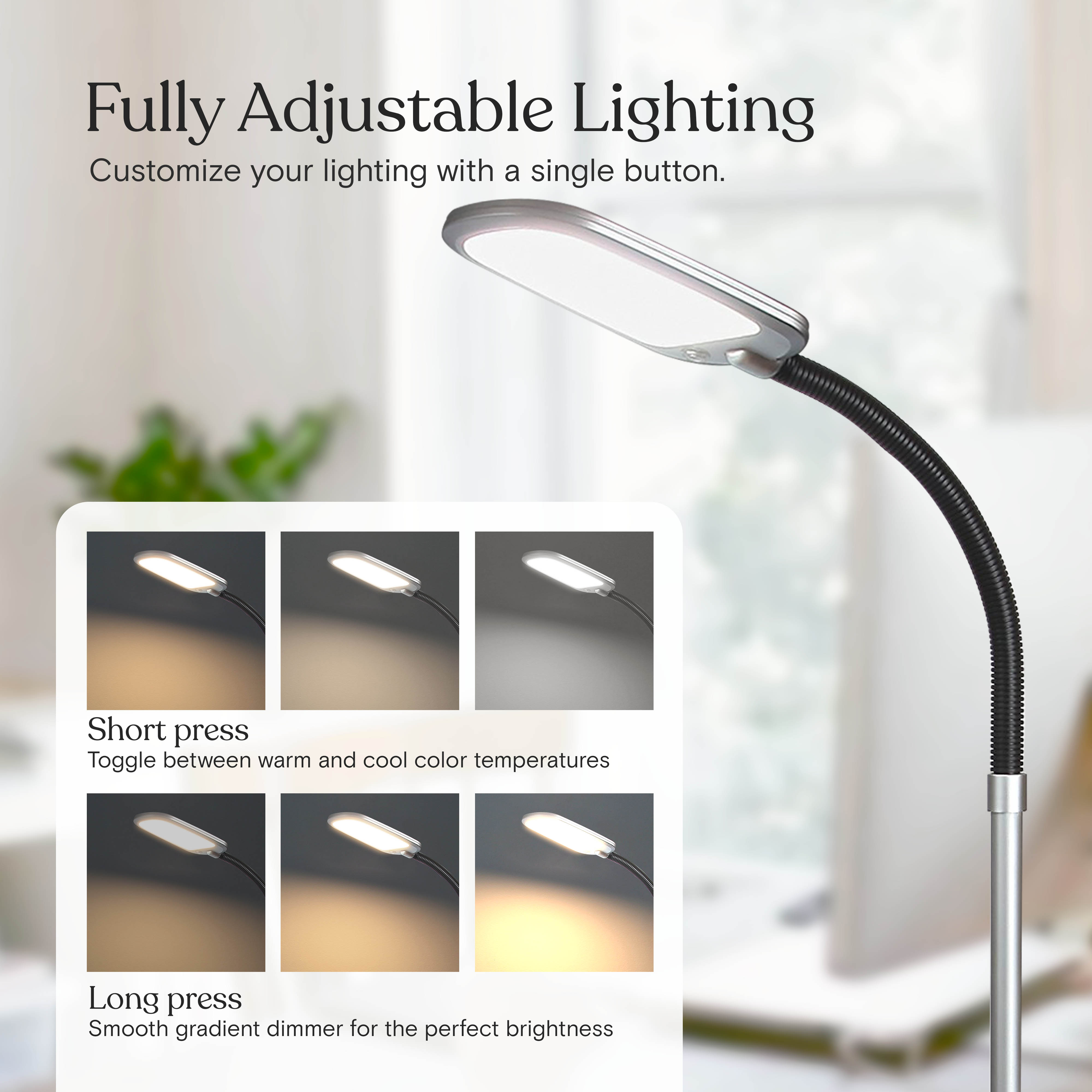 Brightech Litespan Slim LED Lamp, Modern Floor Reading Lamp Over Chair for Living Rooms & Offices, Tall Lamp with Adjustable Gooseneck, Crafts Work Light, Dimmable Standing Lamp for Bedroom - Silver