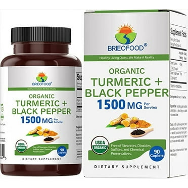 Brieofood Organic Turmeric with Black Pepper 1500mg, 45 Servings, Vegetarian, Gluten Free, 90 Vegetarian Tablets