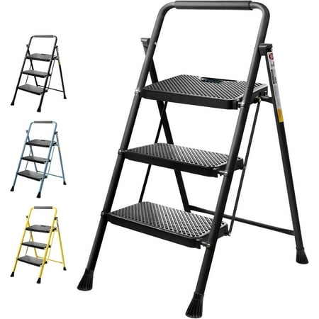 3 Step Ladder, Heavy Duty Foldable Step Stool, Portable Steel Folding Stool for Household Garage Storage (Black)