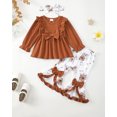 thumbnail image 2 of KIMI BEAR 6 Months Newborn Baby Girl Outfit Set 12 Months Winter Clothing Ruffle Long Sleeves Bowknot T-shirt Top Floral Flared Pants with Headband 3pcs Pant Sets Brown, 2 of 9