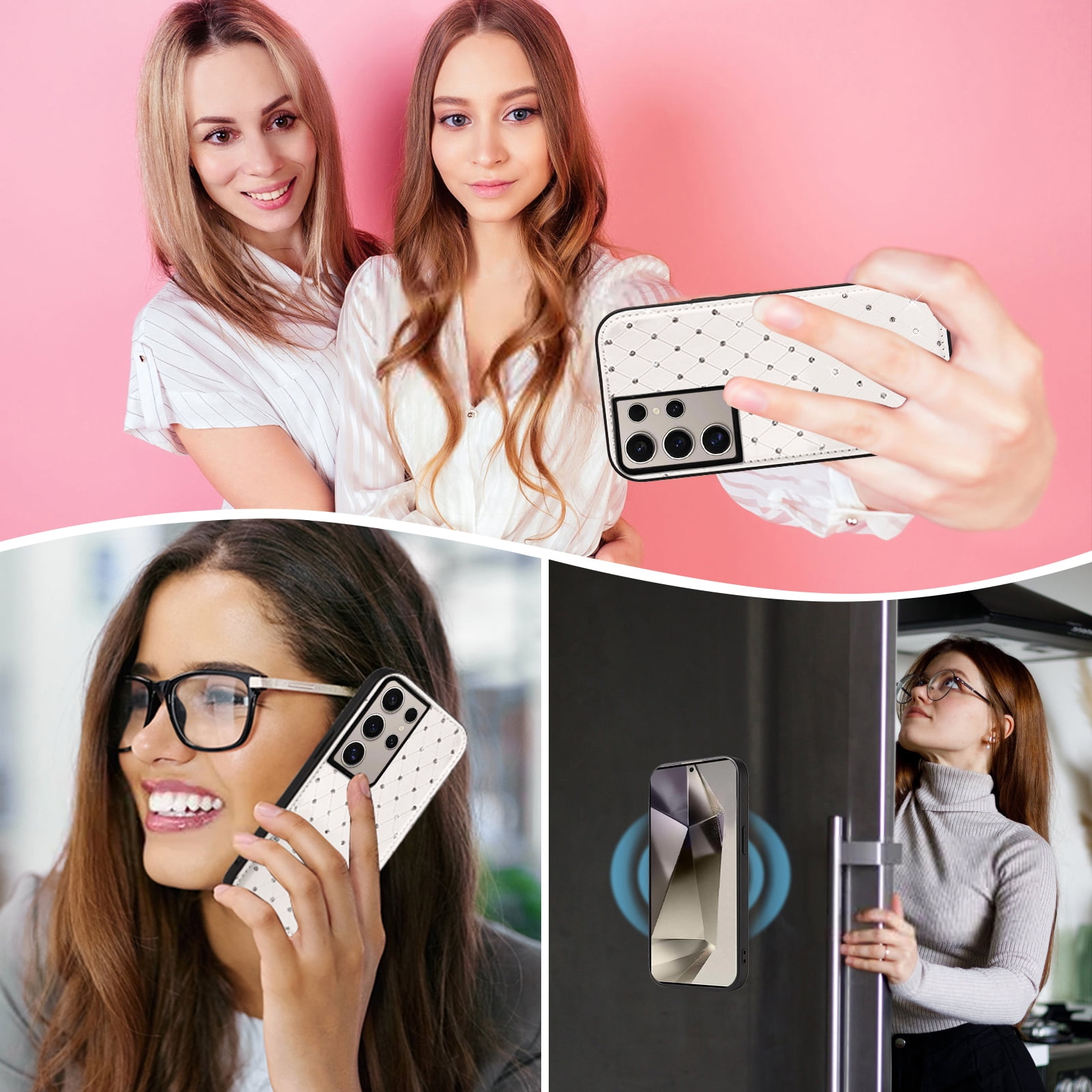 Asuwish Phone Case for Samsung Galaxy S25 Ultra 5G Zipper Wallet Detachable Cell Cover with Tempered Glass Screen Protector Crossbody Lanyard Strap Bling Glitter Flip Card Holder Slot S25Ultra White