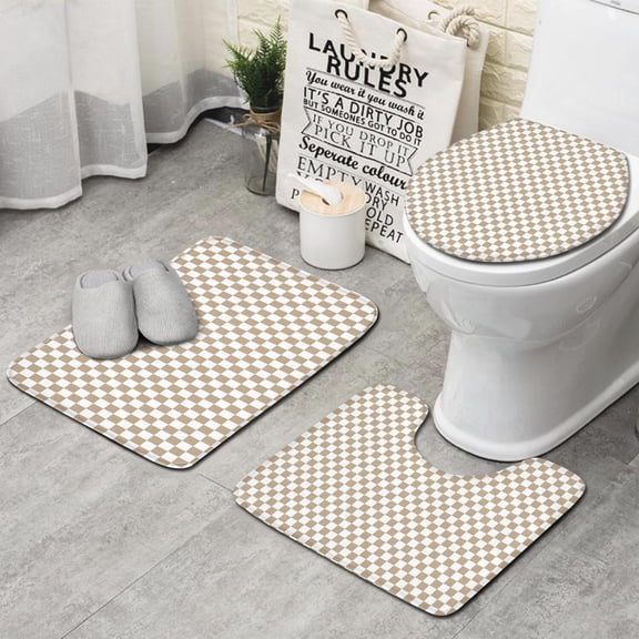 Beige and White Checkerboard Pattern Bathroom Rugs Sets 3 Piece,Toilet Cover Set,Absorbent Non Slip Bathroom Mats Sets with U-Shaped Contour Rug Toilet Rug Set