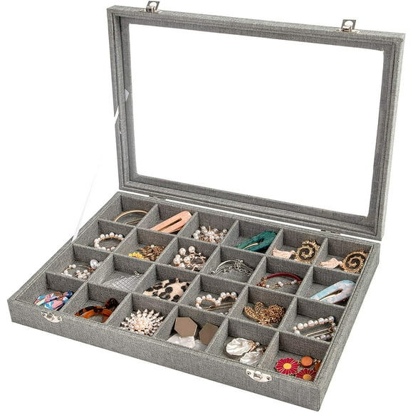 Sackcloth Jewelry Organizer Box with Clear Lid, 24