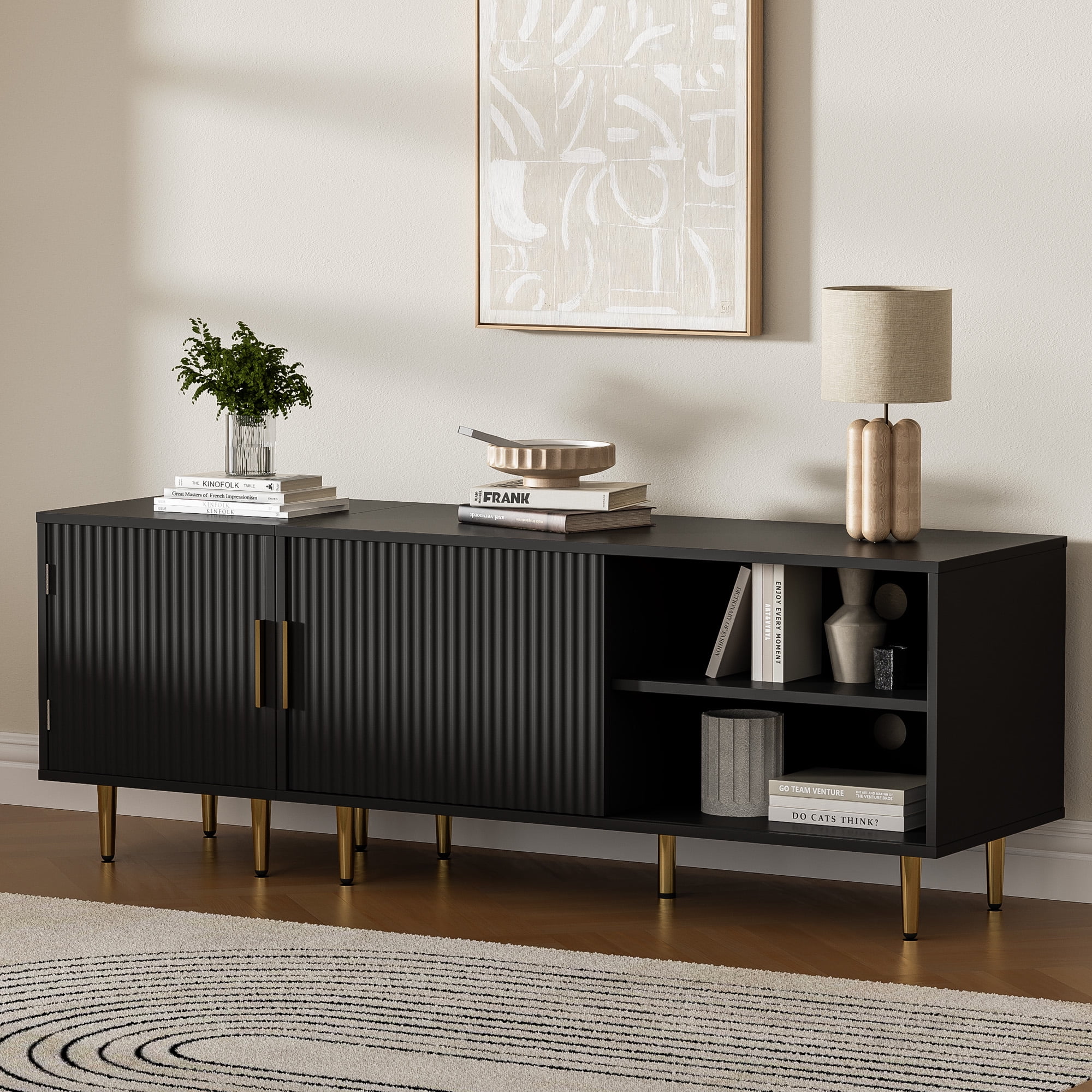 Combined Modern TV Stand For 55/60/65Inch TV,Small Entertainment Center With Adjustable Shelf,TV Media Stand With Storage Cabinet, TV Console With Gold Legs For Living Room,Bedroom,Black