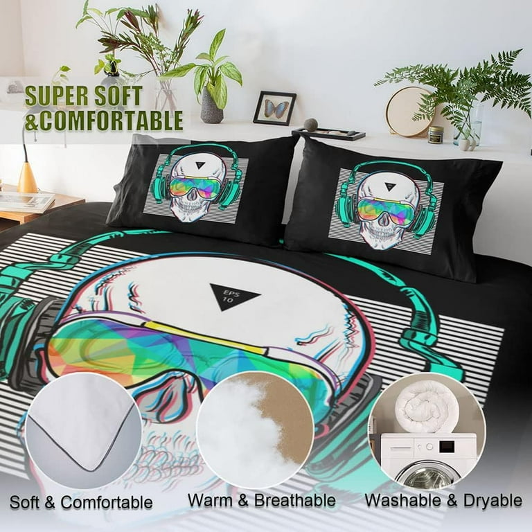 SHOMPE Music Skull Comforter Sets Twin Size Boys Girls Punk Rocker Skeleton Printed Soft Warm Bedding For All Season