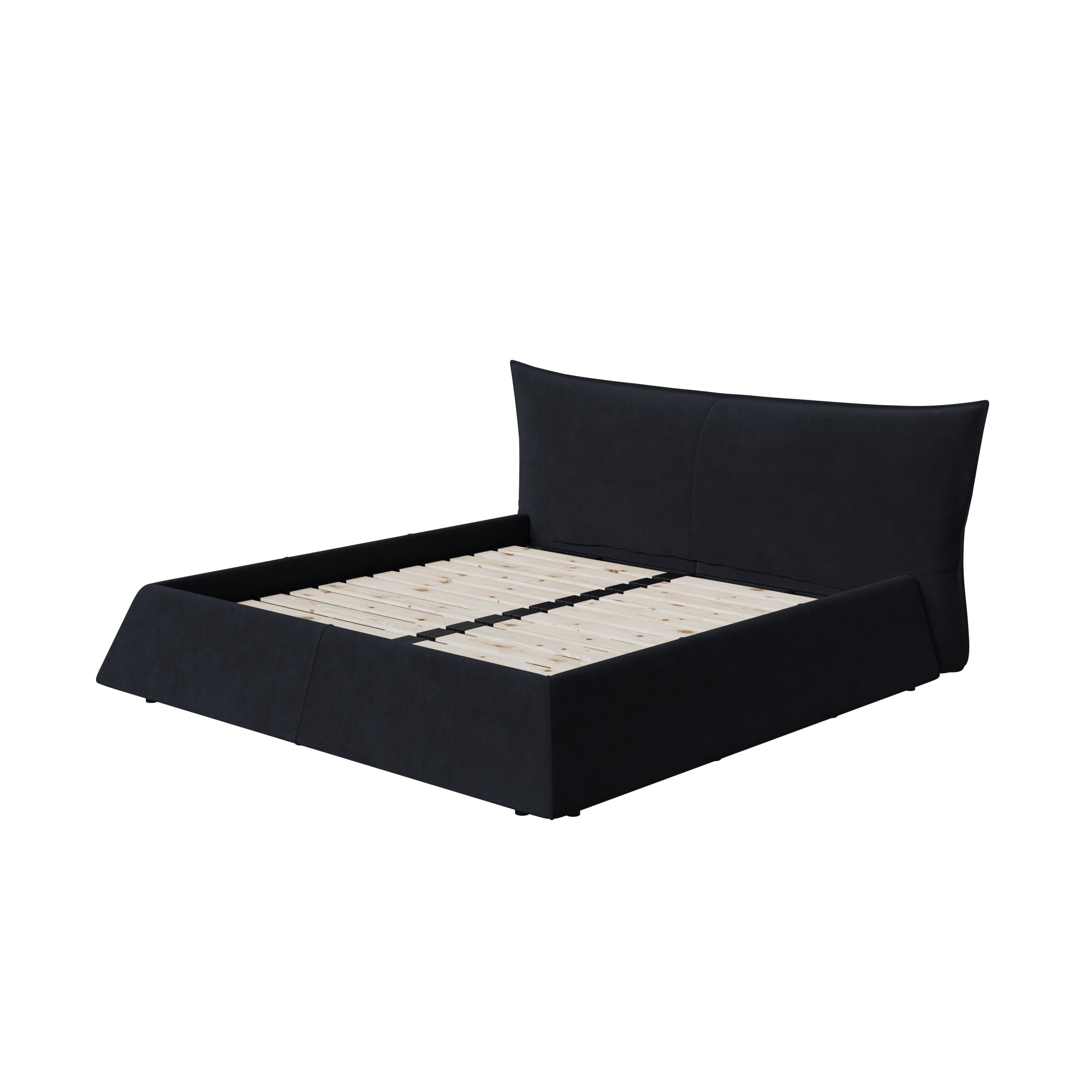 Queen Size Upholstered Platform Bed with Special Shaped Velvet Headboard, Modern Low Profile Bed with Solid Wood Frame and Slats Support for Bedroom