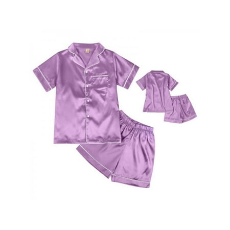 

Kids Satin Pajamas Set Short Sleeve Button-Down 2-Pieces Soft Pajamas Sleepwear Loungewear 4-10 Years Boys Girls