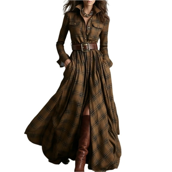 Fgvctg Women's Plaid Maxi Dress Button Down Long Sleeve Plaid Shirt Dresses Soft Lightweight Lapel Collared Dress Winter Vintage Long Dress with Pockets Brown 2XL