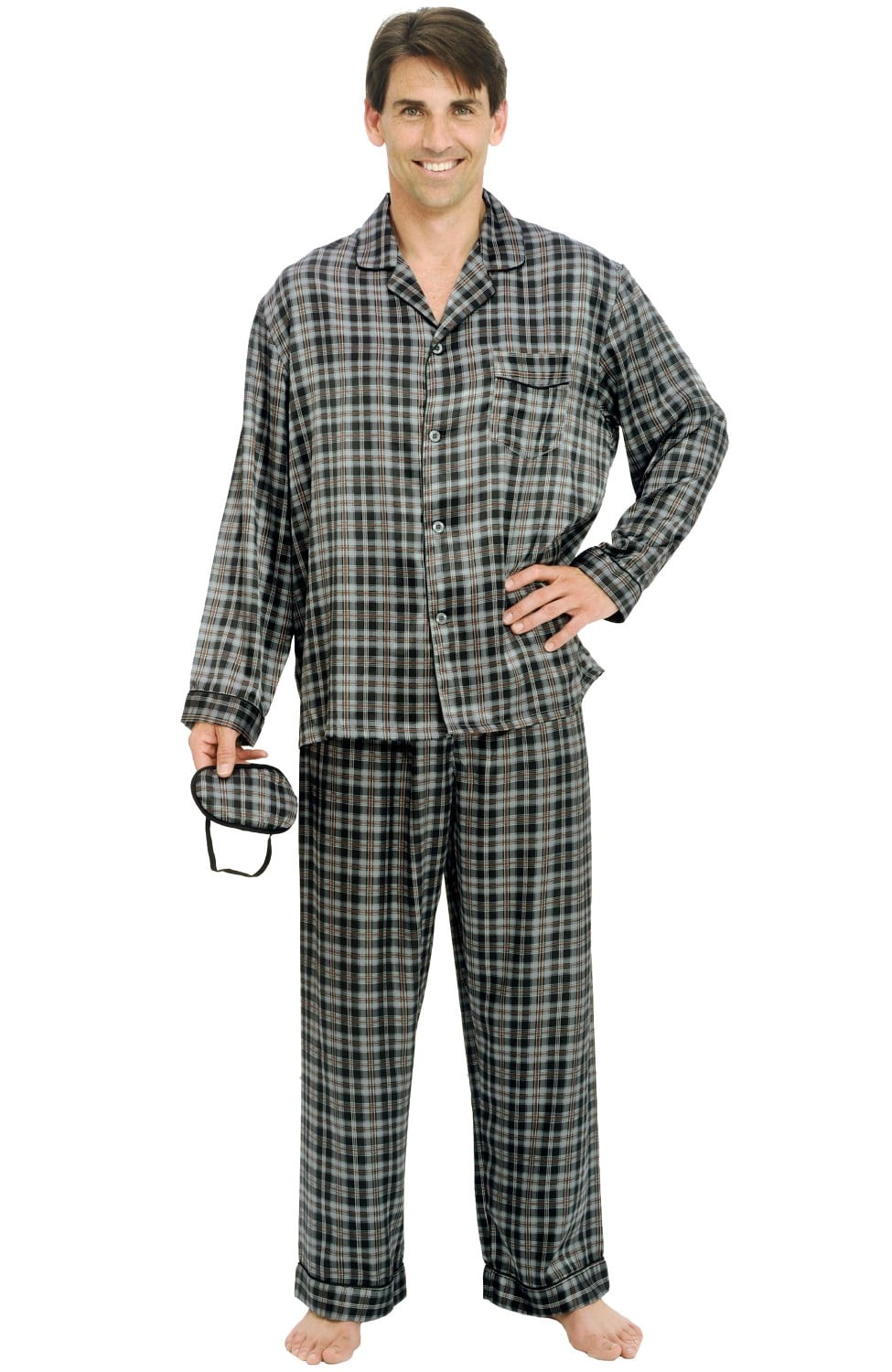 Alexander Del Rossa Mens Button Down Satin Pajama Set with Sleep Mask Long Silky Pjs