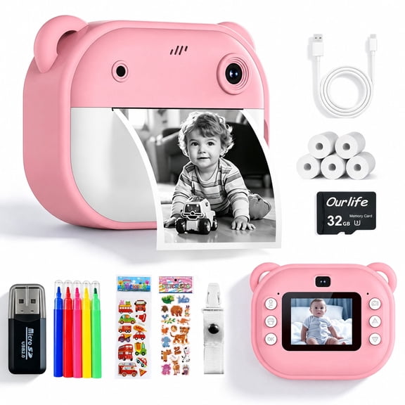 Muivan Kids Instant Print Camera, 1080P Dual Lens Digital Selfie Camera with 32GB SD Card, 5 Rolls Paper, Zero Ink Thermal Printer Toy Gift for Age 3-12,Pink
