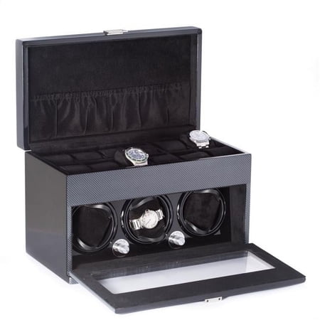 Bey-Berk 3-Watch Winder 12-Watch Storage | Carbon Fiber Steel Gray | BB681STL