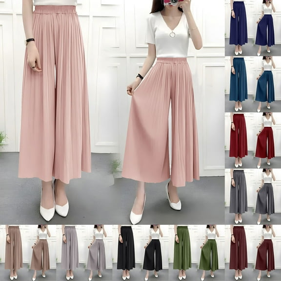 HVOBTTY Pants for Women, Women's Wide Leg Trousers, Women's Plus Size Casual Pleated Wide Leg Loose Chiffon Versatile Cropped Pants Gray, Free Size