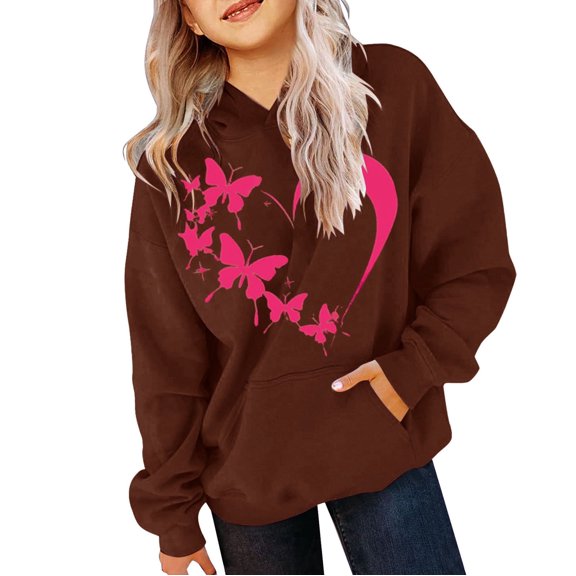 Mercatoo Cute Heart Butterfly Hoodies for Teen Girls Oversized Pullover Hoodies Long Sleeve Fall Winter 𝐇ooded Sweatshirts