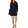 thumbnail image 2 of Women's Denim Dress Button Down Collar V Neck Long Sleeve A-line Cotton Jean Dress M Denim Blue, 2 of 8