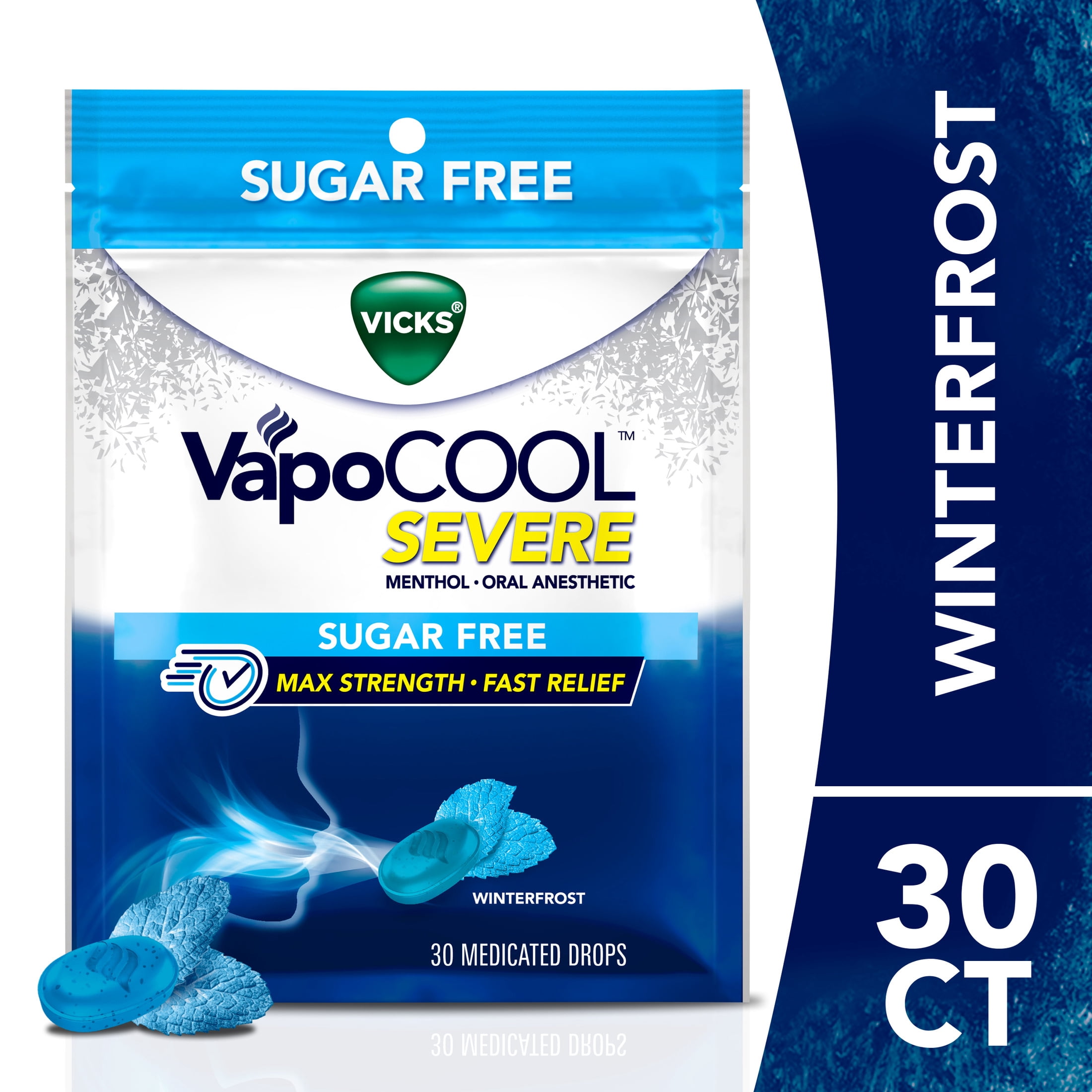 (9 pack) Vicks VapoCOOL SEVERE Cough Drop for Sore Throat Pain, Sugar Free Winterfrost, 30 count
