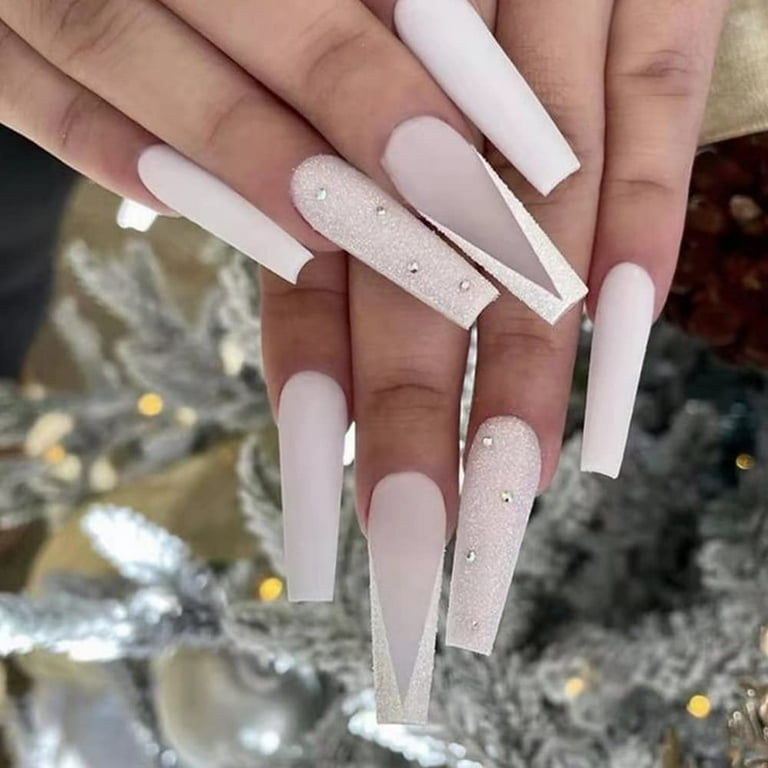 Glossy Rhinestone Glitter French Tip Press on Nails Extra Long Nude Ballerina Glue on Square Coffin Fake Nails 24 PCS - Walmart.com