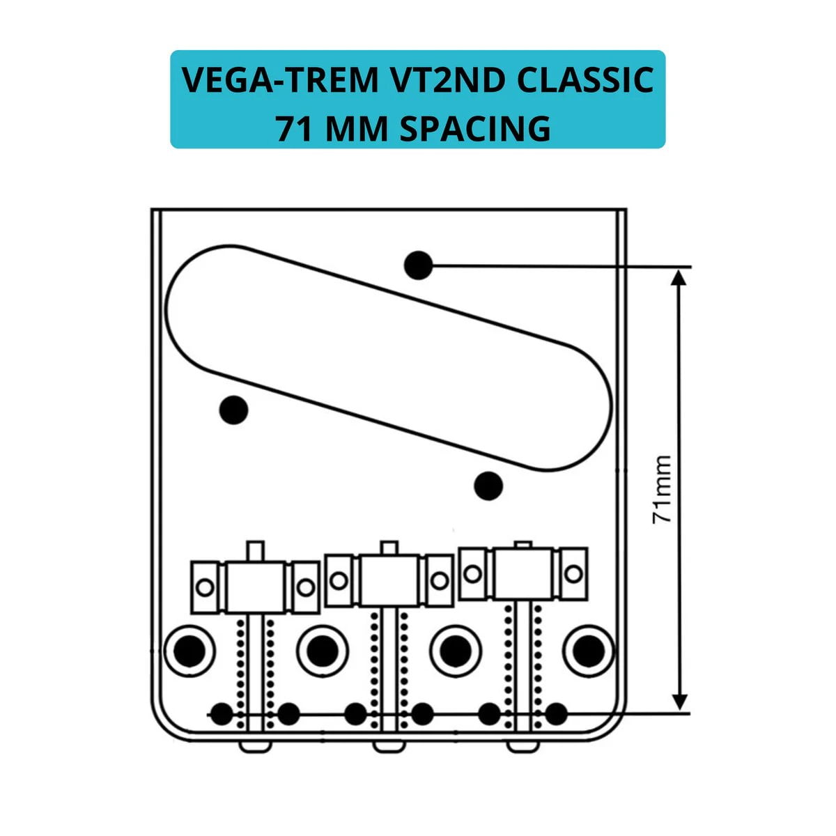 Vega-Trem VT2ND TeleTrem Classic Gold  No-Drill Tremolo for Telecaster-Style Guitars Classic 71 mm Layout, Patented 3-Pair Independent Brass Saddles, Tension-Adjustable