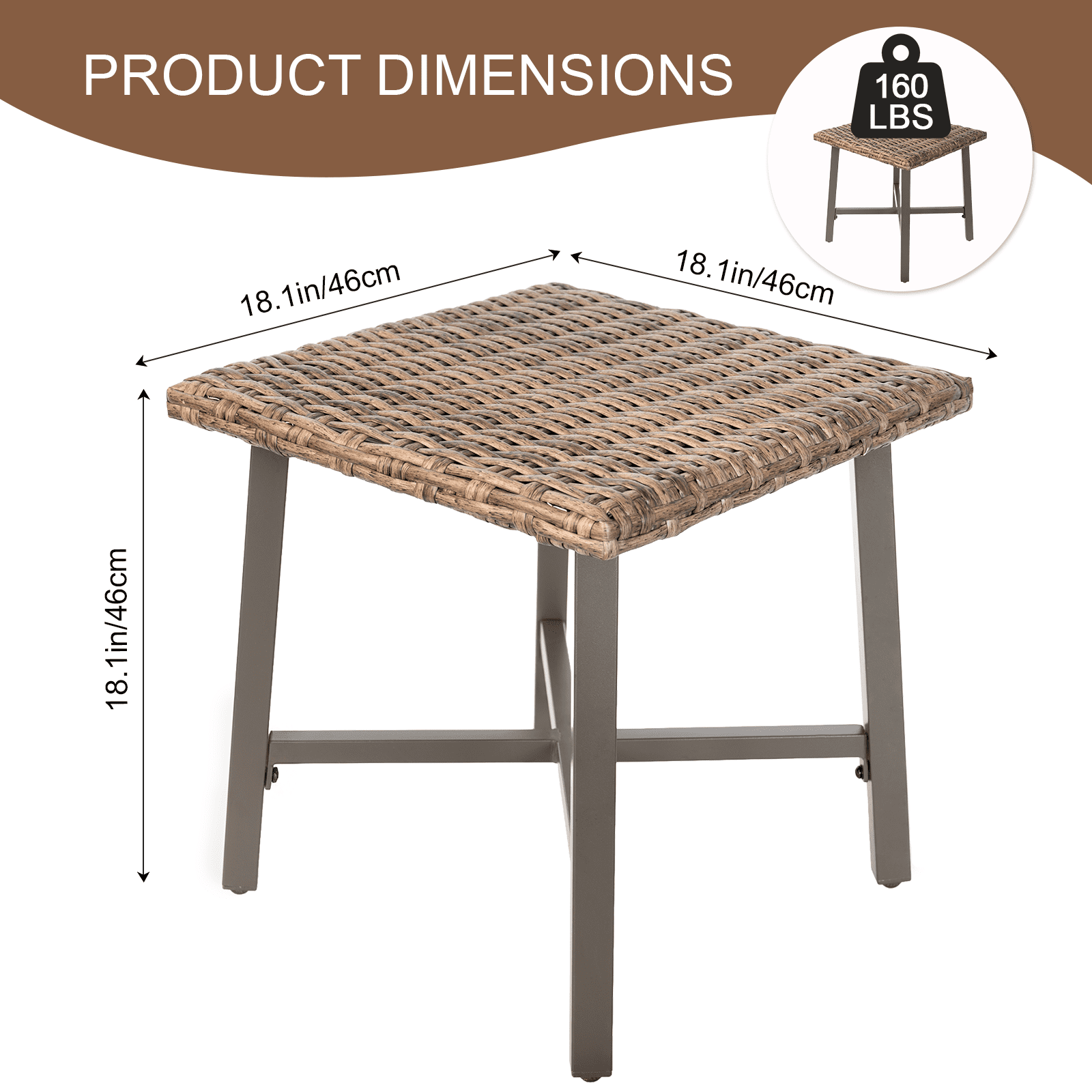 MOLIBYME Patio Wicker Side Table, All-Weather Rattan Side Table End Table for Patio Porch Deck Pool, Brown Tabletop