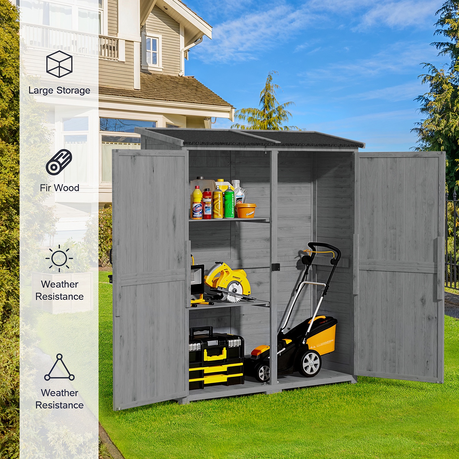 Asofer Outdoor Storage Cabinet with Floor, Waterproof Roof, Double Lockable Doors Garden Shed with 2 Removable Shelves, Gray
