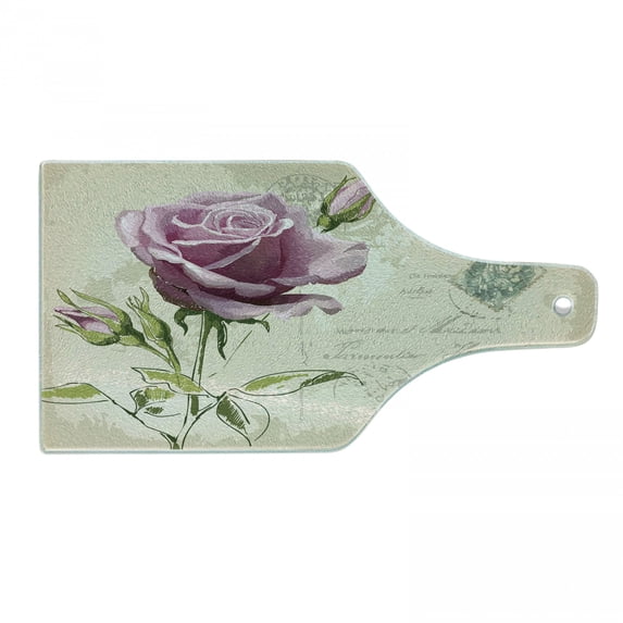 Rose Cutting Board, Vintage Postcard Design Delicate Flower Blossom Hand Drawing Print, Decorative Tempered Glass Cutting and Serving Board, Wine Bottle Shape, Tan Pale Pink Green, by Ambesonne
