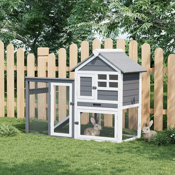 2-Story Rabbit Hutch Chicken Coop Outdoor with Waterproof Roof & Running Cage Large Bunny Cage with Ramp & Pull Out Tray