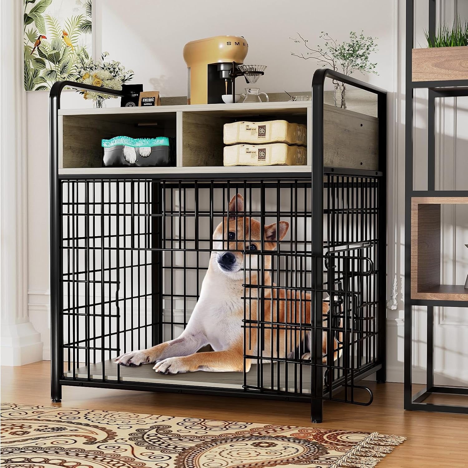 Small Dog Crate Furniture with Drawers Storage, Puppy Dog Kennel Indoor with Double , Heavy Duty Wooden Dog Cage Table, Sturdy Metal, Gray