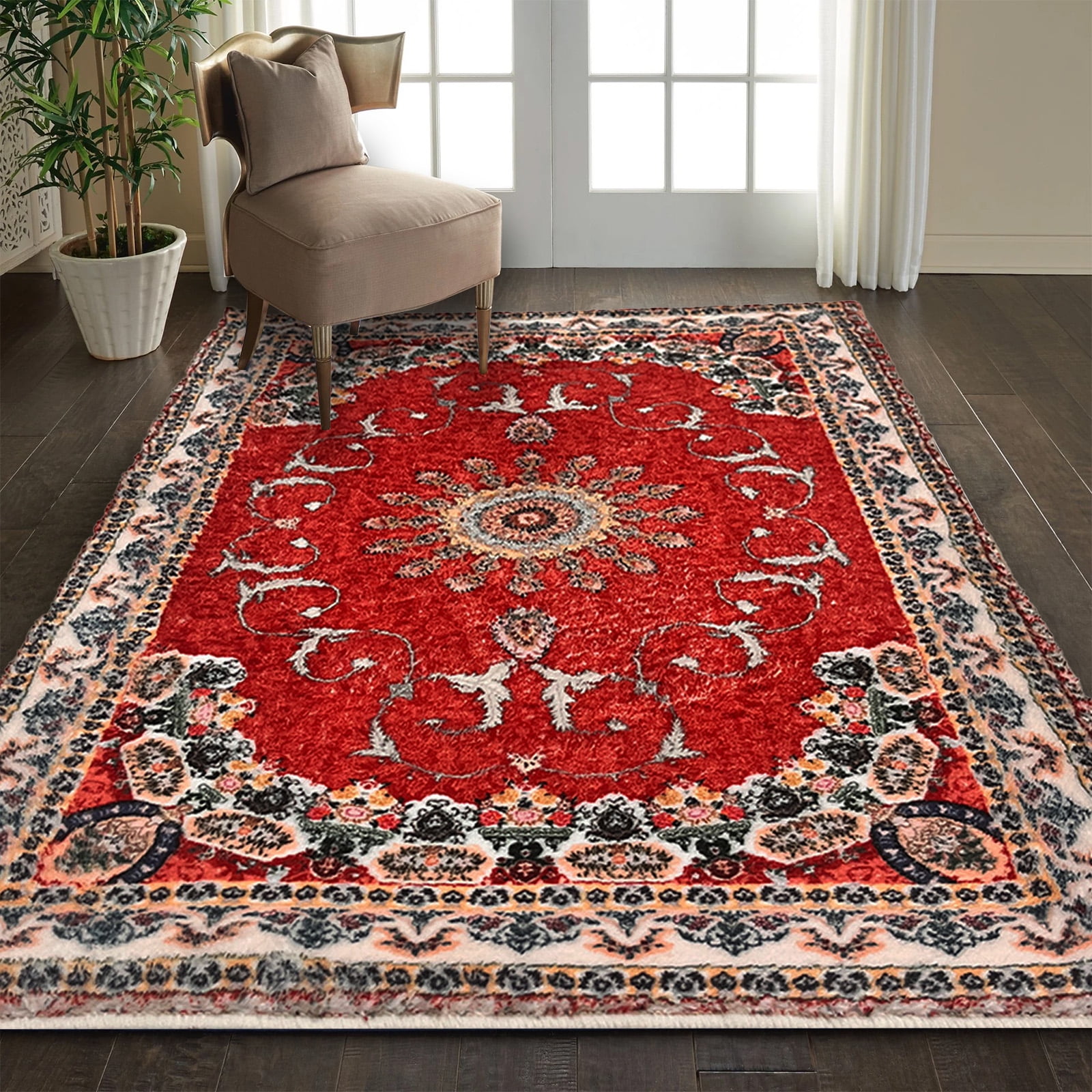 SUSUZI 5.3' x 7.5' Area Rug Boho Living Room Rug, Washable Low Pile Non Slip Carpet for Bedroom, Dining Room, Retro Area Rug Indoor