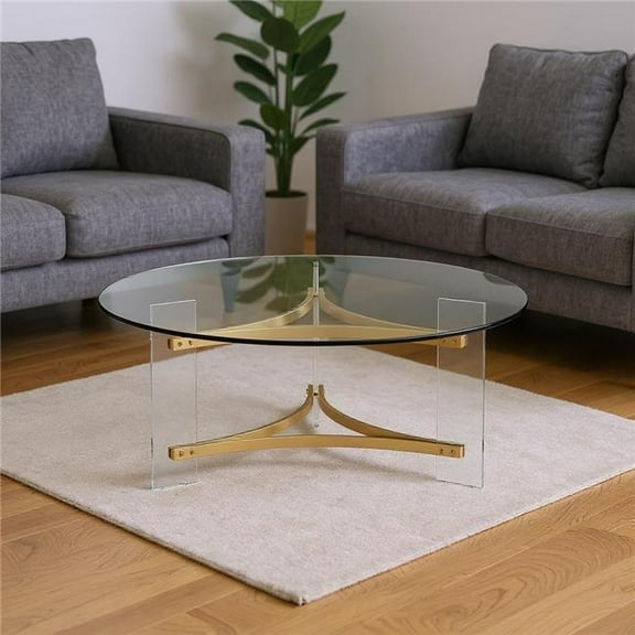 HomeRoots 572210 41 in. Clear & Gold Glass Acrylic & Brass Round Coffee Table