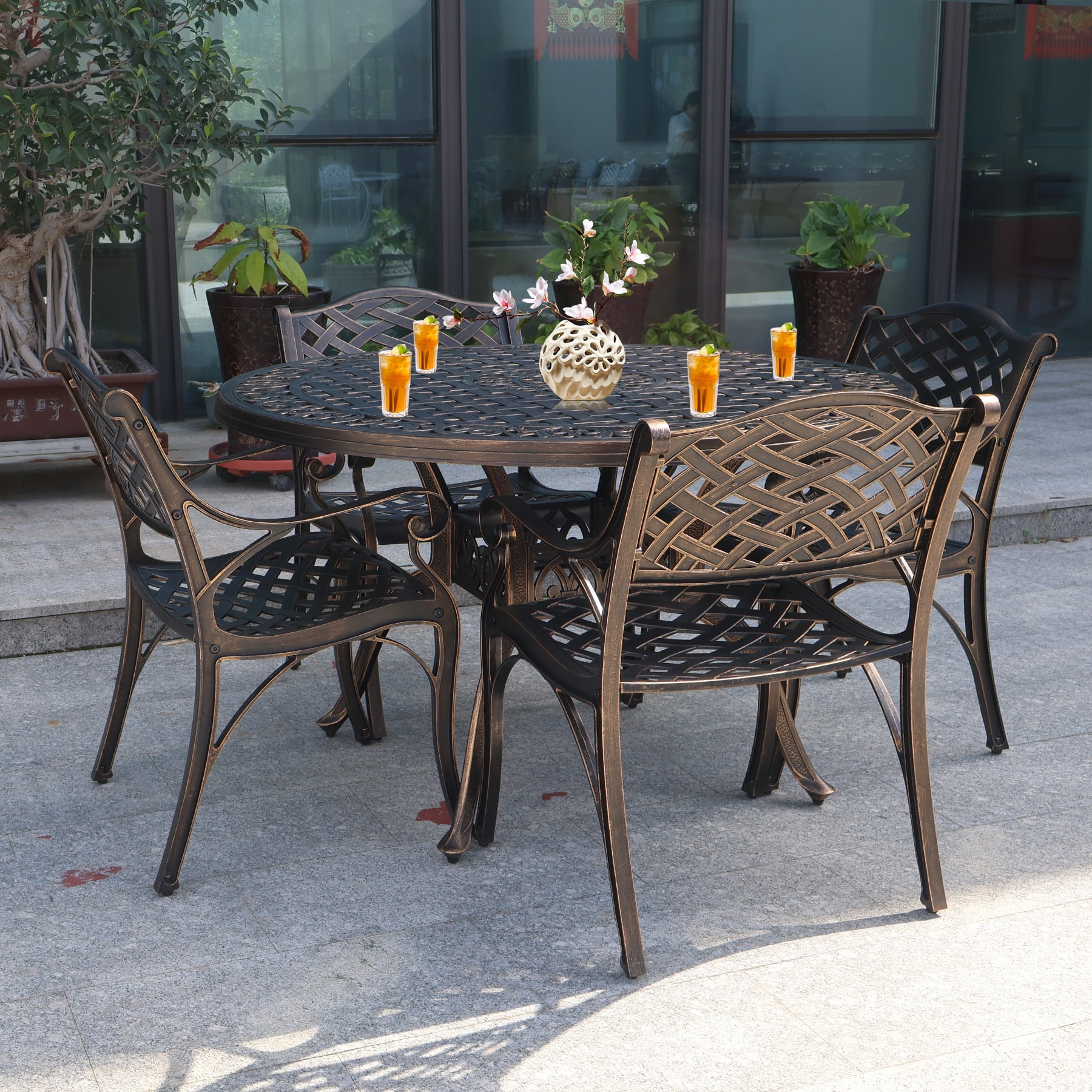 7 Piece Outdoor Dining Set for 6,Cast Aluminum Patio Table and Chairs Set,All-Weather Round 48" Patio Dining Table with 2.36" Umbrella Hole,Patio Furniture Dining Set for Balcony Garden,Bronze