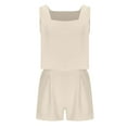 thumbnail image 7 of FRSASU Women 2 Piece Sets Summer Sleeveless Square Neck Crop Tank Top Elastic Waist Shorts Casual Suit Beige, 7 of 7