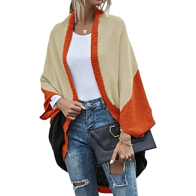 LinYooLi Women's Chunky Cardigan Fall Oversized Open Front Color Block Batwing Long Sleeve Knit Sweaters Cardigan Wrap