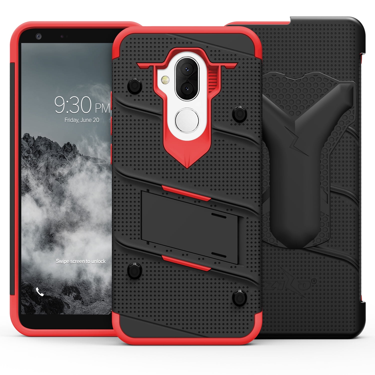 ZIZO BOLT Series Alcatel 7 Case Military Grade Drop Tested with Tempered Glass Screen Protector Holster REVVL 2 Plus Black Red