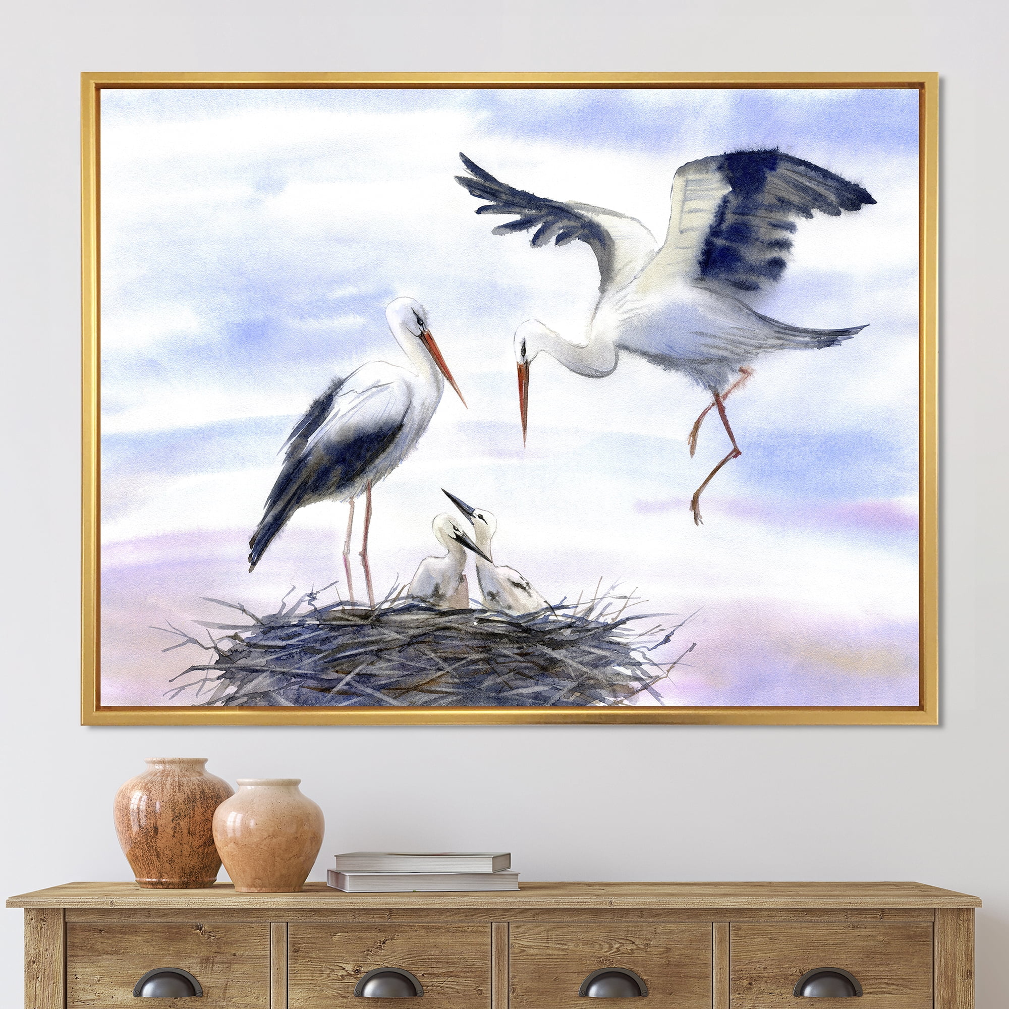 Storks With Babies In The Nest 32 in x 16 in Framed Painting Canvas Art Print, by Designart