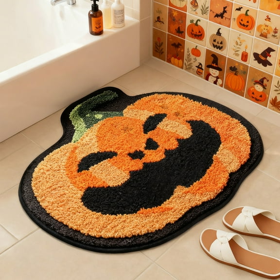 Sanmadrola Halloween Bath Rugs Mat Halloween Decoration Indoor Bath Mat Non Slip Bathroom Shower Rugs Pumpkin Shape Super Absorbent Machine Washable 24''x24''
