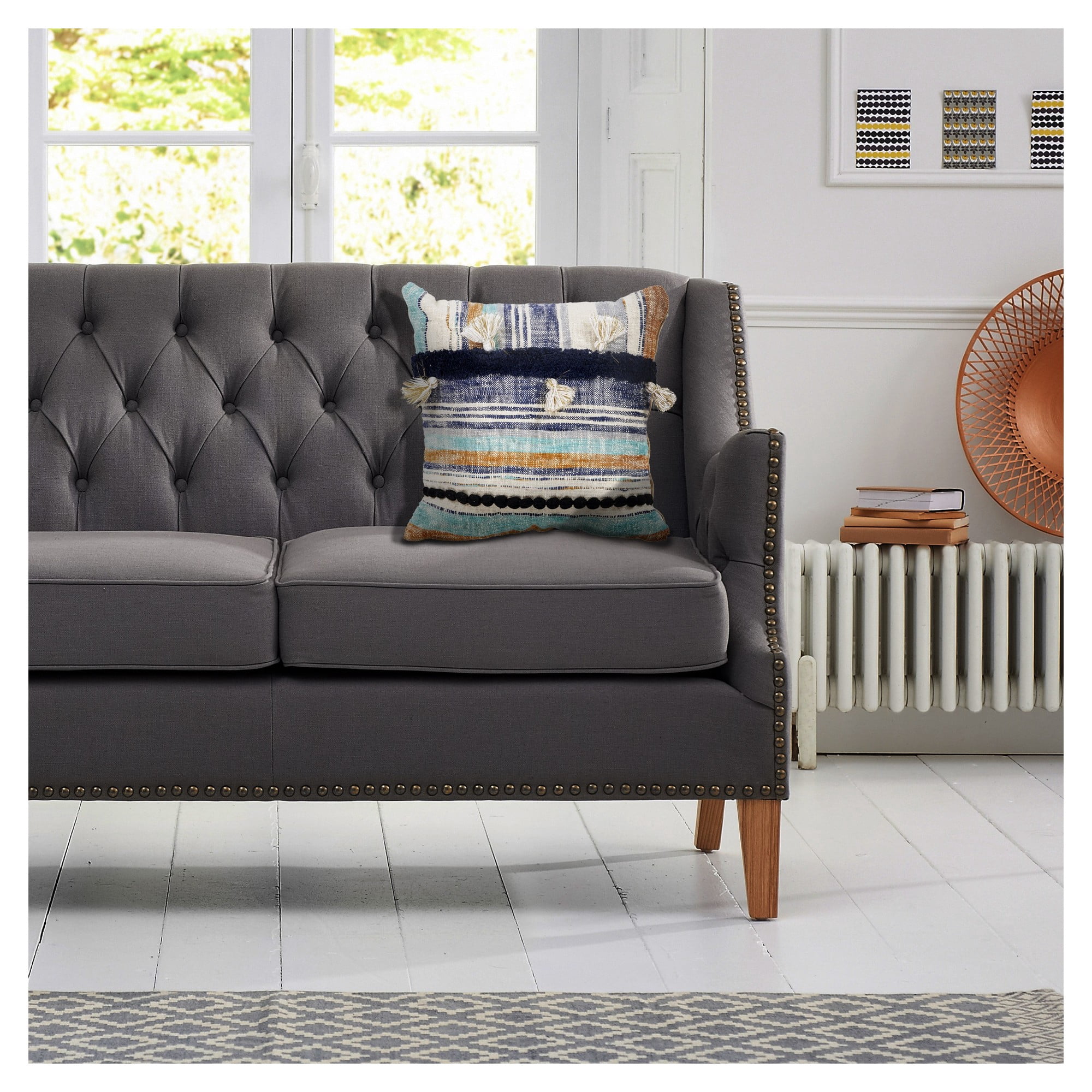 Laddha Home Designs Handwoven Coastal Geometric Striped Square Throw Pillows - 18" - Blue and Tan -