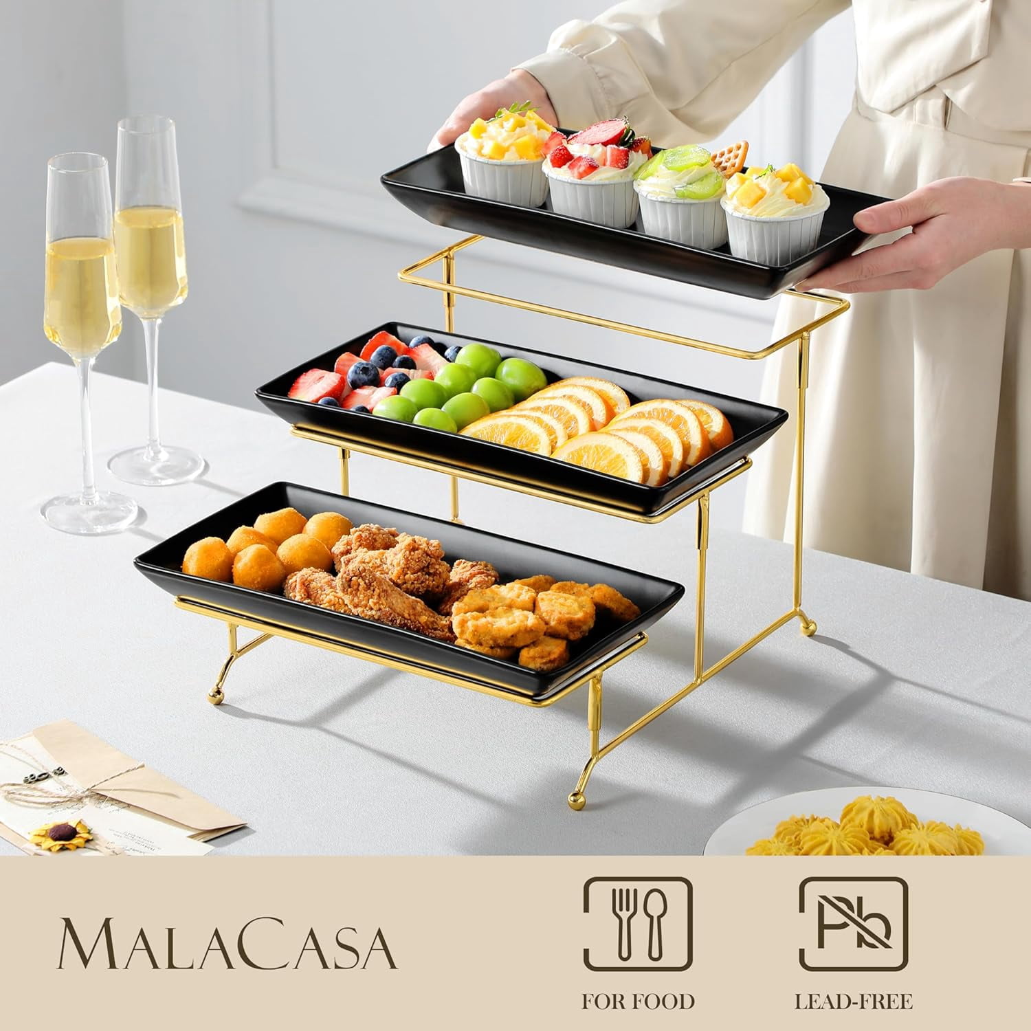 3 Tier Serving Tray, Porcelain Tiered Tray Stand, 14 Inch Ceramic Serving Platter with Collapsible Sturdier Rack, Dessert Wihte, Series PLAT