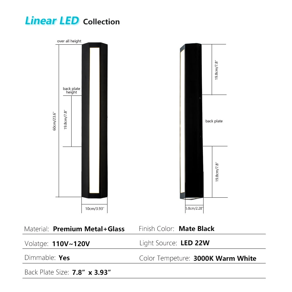 23.6" Modern Dimmable Outdoor LED Wall Sconce, 10W 3000K Warm White