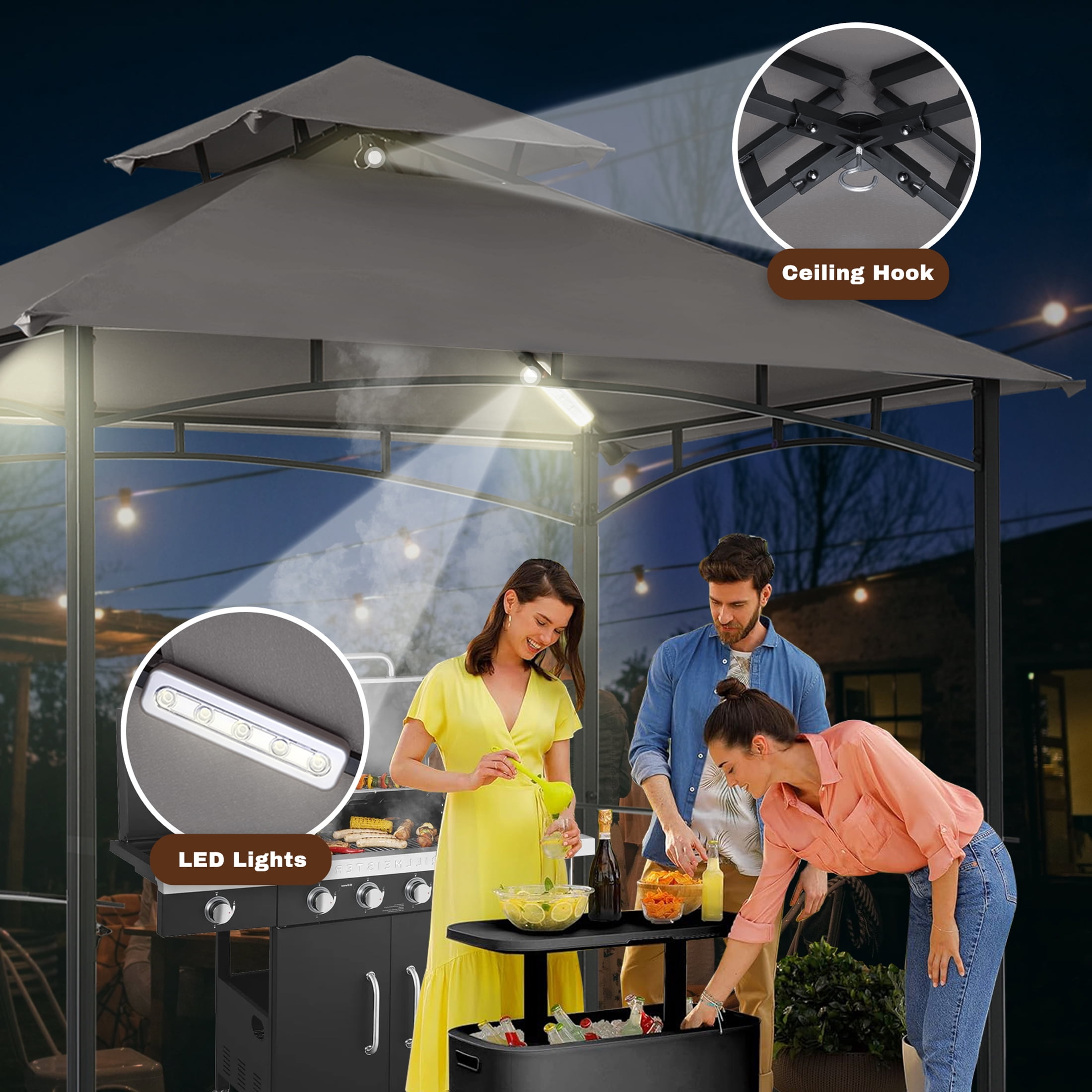 MASTERCANOPY 8 x 5ft Outdoor BBQ Grill Gazebo with LED Lights and Shelves, Dark Gray