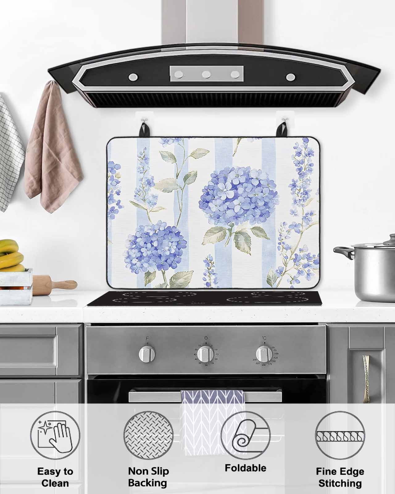 nqOlkjepod Large Induction Cooktop Protector Mat 24"x21", Purple Hydrangea Stove Top Covers for Electric Stove, Stripe Vintage Floral Decorative Stove Burner Cover Mats, Glass Top Stove Cover