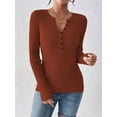 thumbnail image 6 of Women'S Long Sleeve Henley Tops Ribbed Knit Slim Fitted T Shirt Basic Tees Layer Fashion Outfits Chocolate Color S, 6 of 9