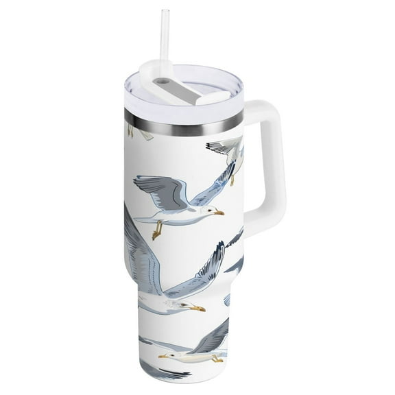 Seagulls Flying Tumbler with Handle and Straw Lid 40 oz Insulated Vacuum Water Bottle Stainless Steel Travel Cup